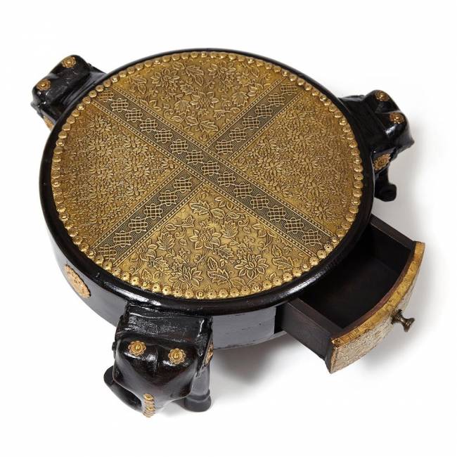 Столик Secret de Maison 3 Слона/3 Slona (мод. ND-005) массив манго/латунная чеканка, Д48х19см, черный/этническая роспись (Комплект из 2 шт.) этническая роспись дерево манго/латунная чеканка