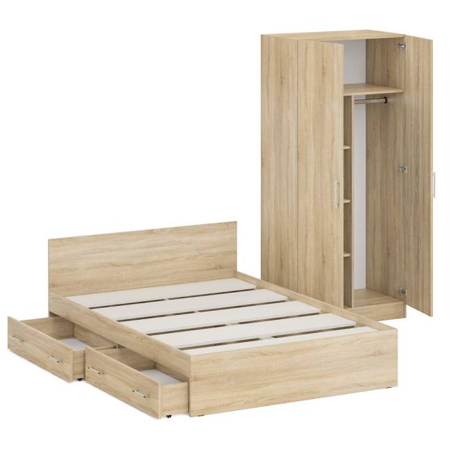 Двуспальная кровать с ящиками 1400 со шкафом для одежды 2-х створчатым Стандарт цвет дуб сонома