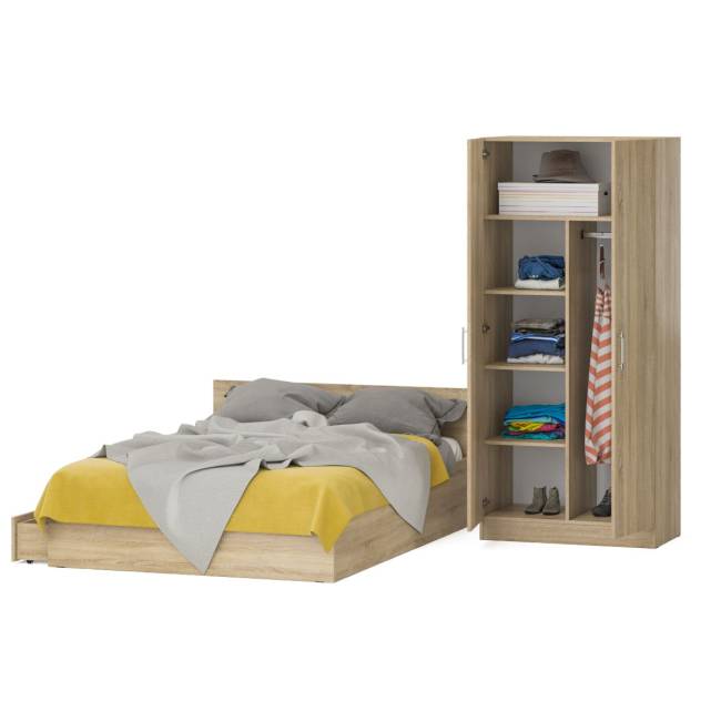Двуспальная кровать с ящиками 1400 со шкафом для одежды 2-х створчатым Стандарт цвет дуб сонома