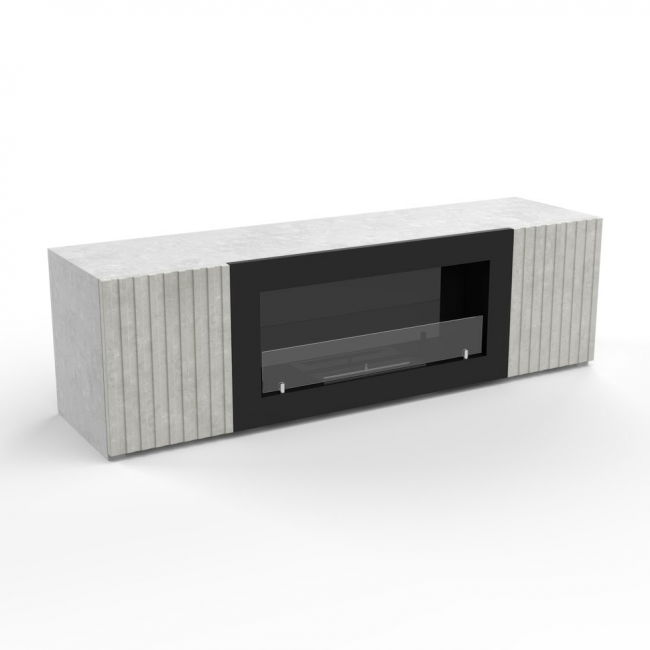 Тумба под ТВ с биокамином SteelHeat LIVORNO IMPULSE 140 см (корпус серый бетон / фасады мрамор)