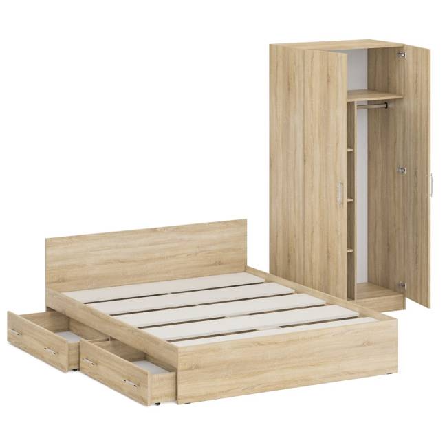 Двуспальная кровать с ящиками 1600 со шкафом для одежды 2-х створчатым Стандарт цвет дуб сонома Двуспальная кровать с ящиками 1600 со шкафом для одежды 2-х створчатым Стандарт цвет дуб сонома