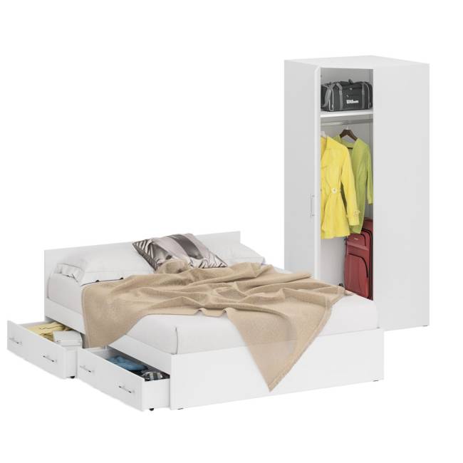 Двуспальная Кровать белая с ящиками 1600 с угловым шкафом Стандарт цвет белый Двуспальная Кровать белая с ящиками 1600 с угловым шкафом Стандарт цвет белый