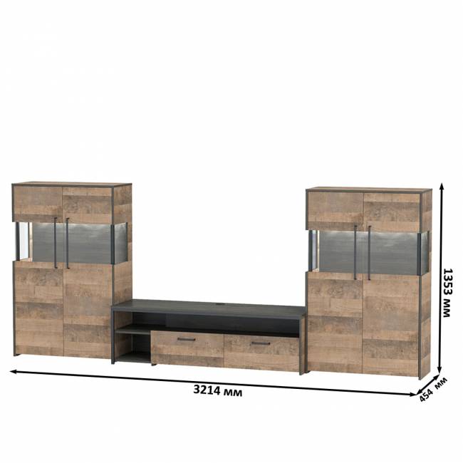 Две тумбы-витрины с подсветкой и с тумбой для телевизора Трувор цвет дуб гранж песочный/интра