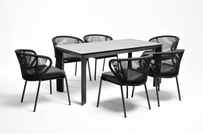 "Венето" обеденная группа на 6 персон со стульями "Милан", каркас темно-серый, роуп темно-серый "Венето" обеденная группа на 6 персон со стульями "Милан", каркас темно-серый, роуп темно-серый