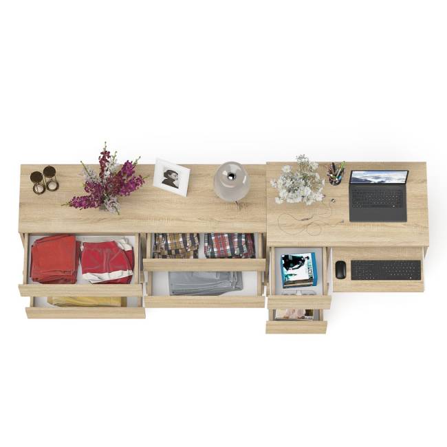 Широкий комод Мори МК1380.6 и стол компьютерный МС-6 три ящика слева цвет дуб сонома