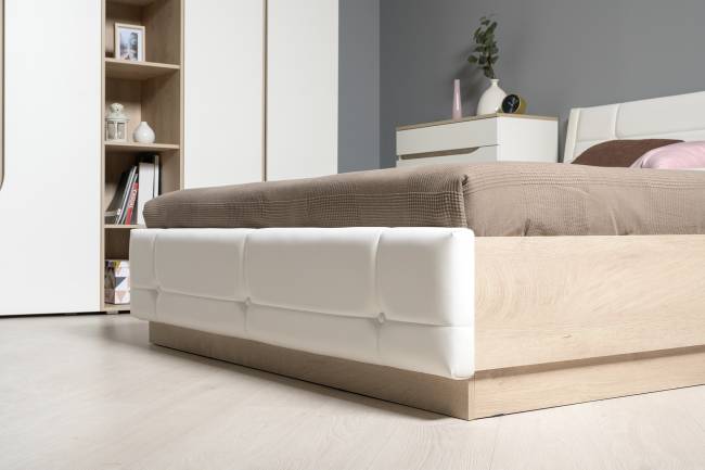 Кровать Муссон с подъёмным основанием и тумбой 16.03 цвет белый/дуб эндгрейн элегантный/кожзам белый Кровать Муссон с подъёмным основанием и тумбой 16.03 цвет белый/дуб эндгрейн элегантный/кожзам белый