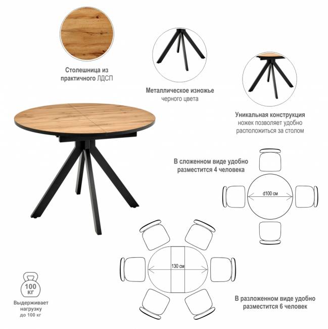 Стол Rudolf круглый раскладной 100-130x100x75см, Дуб Вотан, чёрный