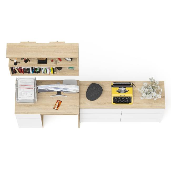 Большой комод на 6-ть ящиков Мори с компьютерным столом МС-1 левый и полка открытая на 900 цвет дуб сонома/белый