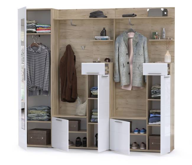 Прихожая Лайн № 3 цвет дуб крафт серый/фасады МДФ белый глянец Прихожая Лайн № 3 цвет дуб крафт серый/фасады МДФ белый глянец