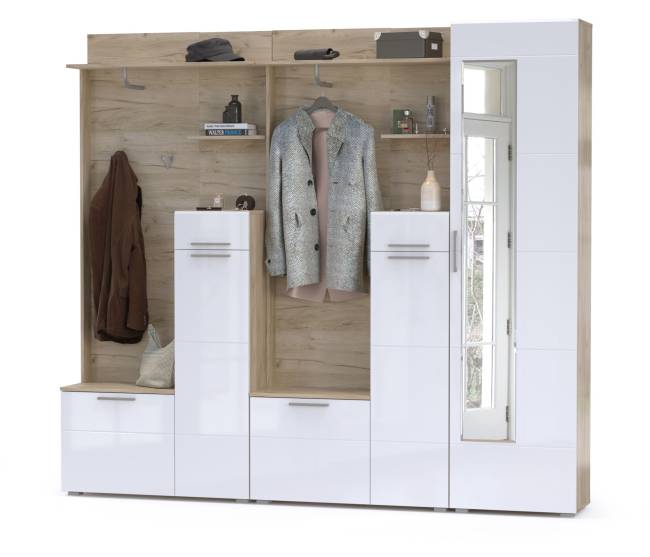 Прихожая Лайн № 3 цвет дуб крафт серый/фасады МДФ белый глянец Прихожая Лайн № 3 цвет дуб крафт серый/фасады МДФ белый глянец