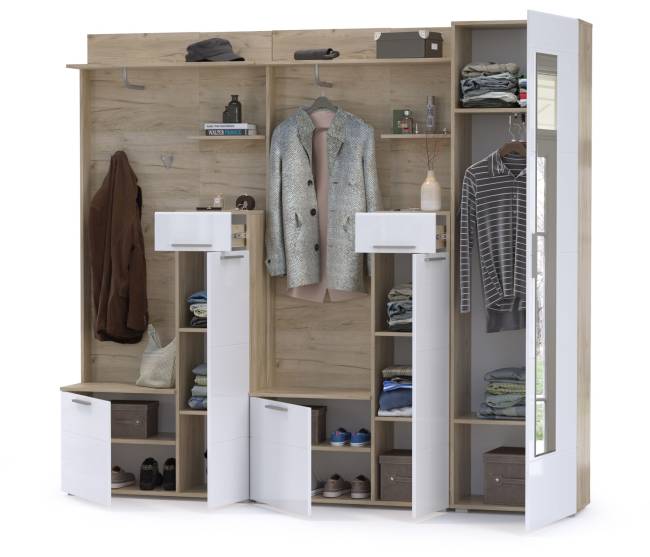 Прихожая Лайн № 3 цвет дуб крафт серый/фасады МДФ белый глянец Прихожая Лайн № 3 цвет дуб крафт серый/фасады МДФ белый глянец