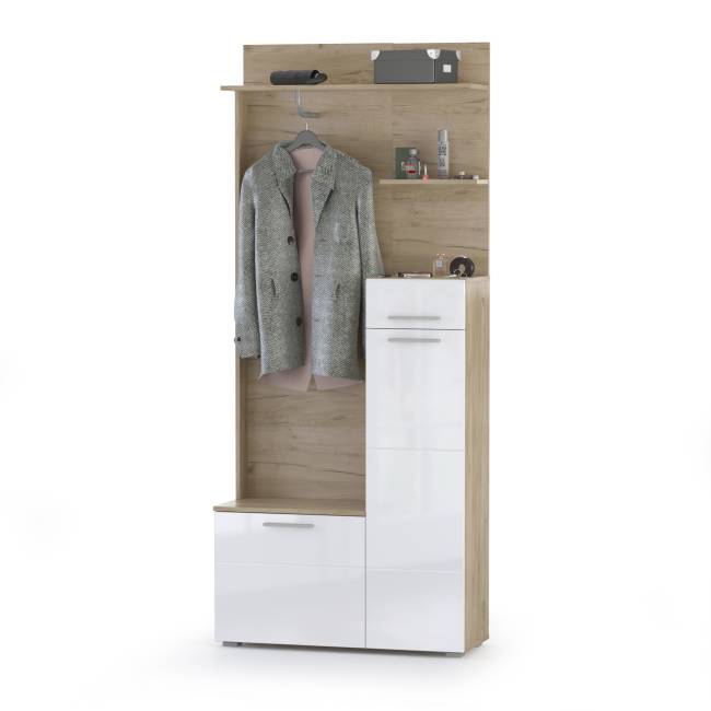 Прихожая Лайн № 3 цвет дуб крафт серый/фасады МДФ белый глянец Прихожая Лайн № 3 цвет дуб крафт серый/фасады МДФ белый глянец